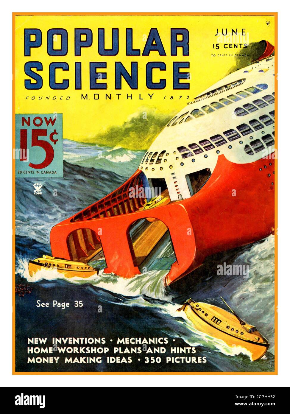 Vintage 1930’s Popular Science Magazine featuring front cover of super ship launching unsinkable lifeboat escape type small boats out of the aft end of a large passenger liner ship in heavy seas Stock Photo