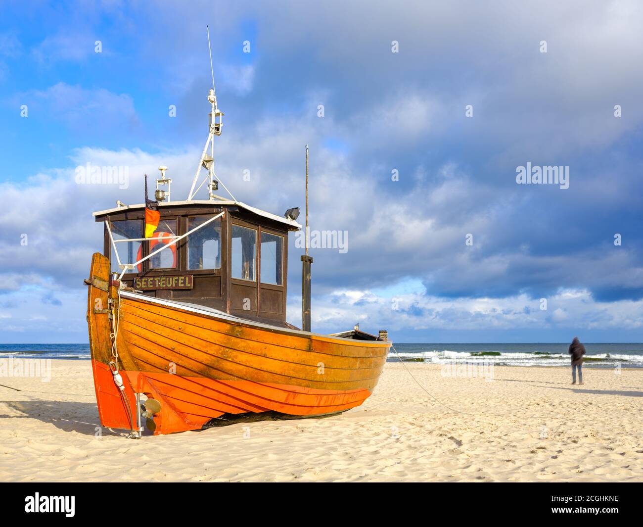 Boat at Usedom island, beach nearby Ahlbeck pier, coast of Baltic Sea Stock Photo