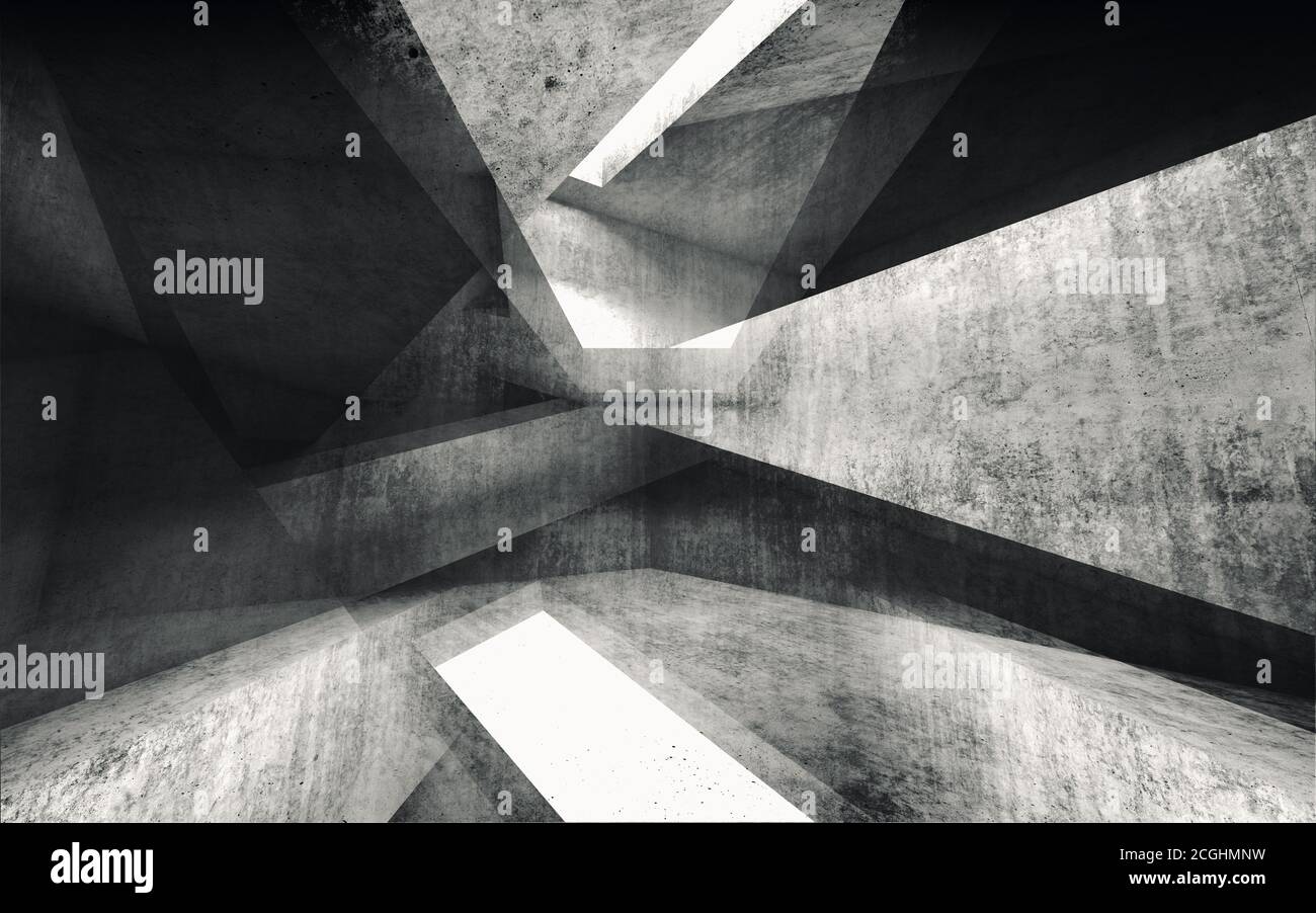 Abstract dark mixed media background. Intersected concrete corners, digital illustration with double exposure effect, 3d render Stock Photo
