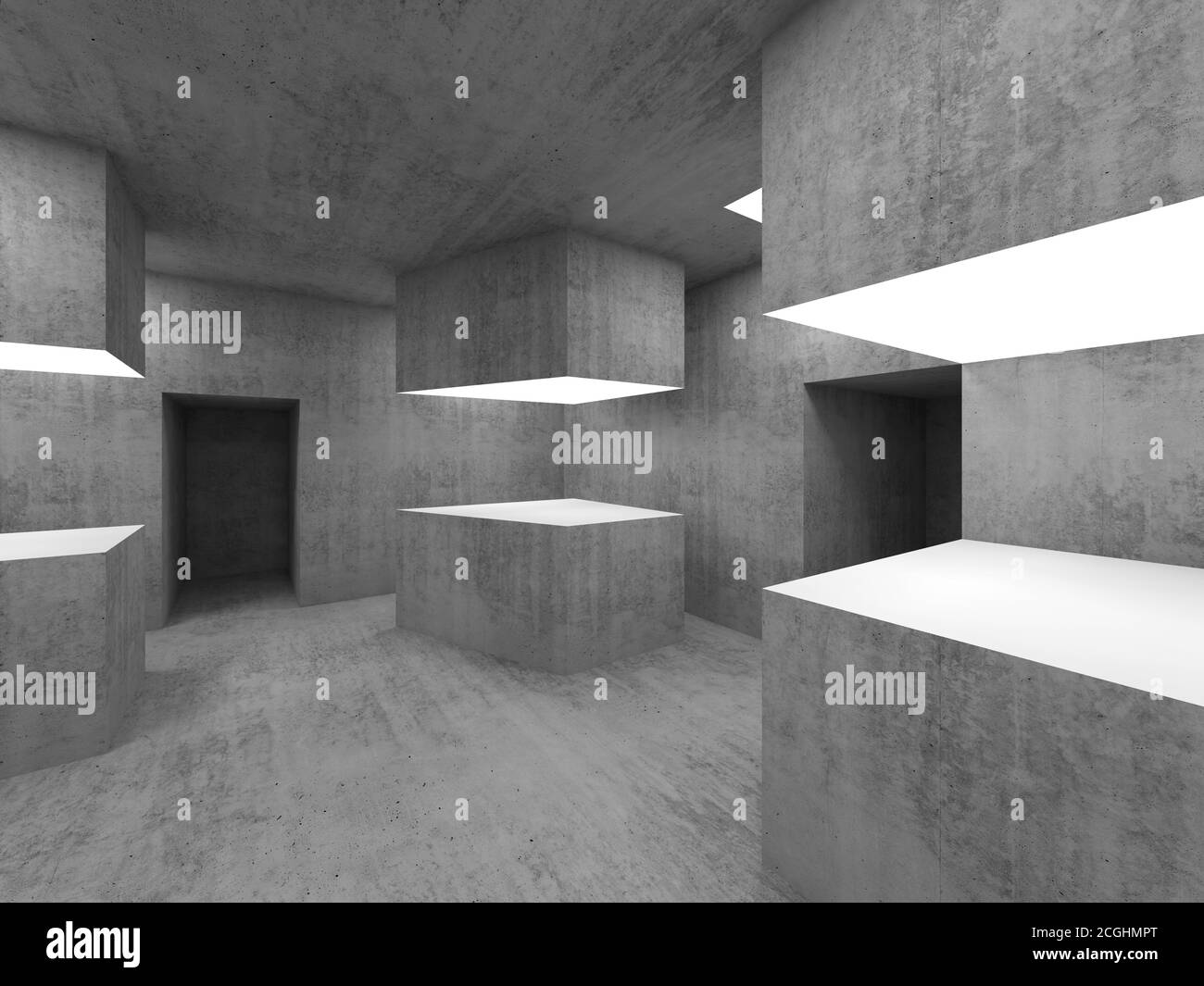 Empty concrete interior background with illuminated blank white exhibition stands. 3d rendering illustration Stock Photo
