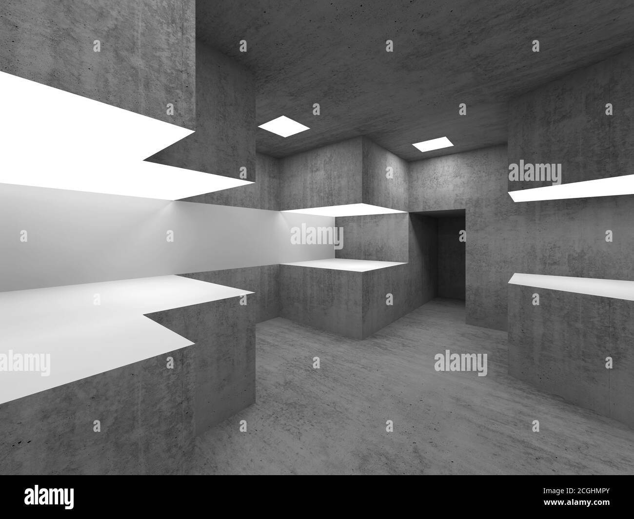 Empty concrete room interior with illuminated white exhibition stands. 3d rendering illustration Stock Photo