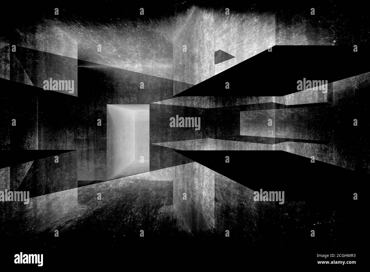 Abstract dark geometric background, intersected concrete walls, digital illustration with double exposure effect, 3d render Stock Photo