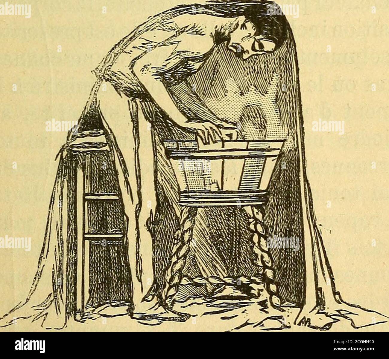 . Ma cure d'eau, ou, Hygiène et médication pour la guérison des maladies et la conservation de la santé . n plus élevé, pour sasseoir, lautre plusbas, servant de support au baquet. Quand tous ces objets sont préparés, lon remplitaux trois quarts deau bouillante le baquet placé surle support, et lon fermebien avec le couvercle etun linge mouillé, afin queles vapeurs séchappentle moins possible. Le pa-tient sest débarrassé de ^Pses vêtements jusquà la Fig. e. ceinture, sur laquelle il enroule un linge sec, devantarrêter la sueur ruisselant du haut du corps et lempê-cher de mouiller le pantalon. Stock Photo