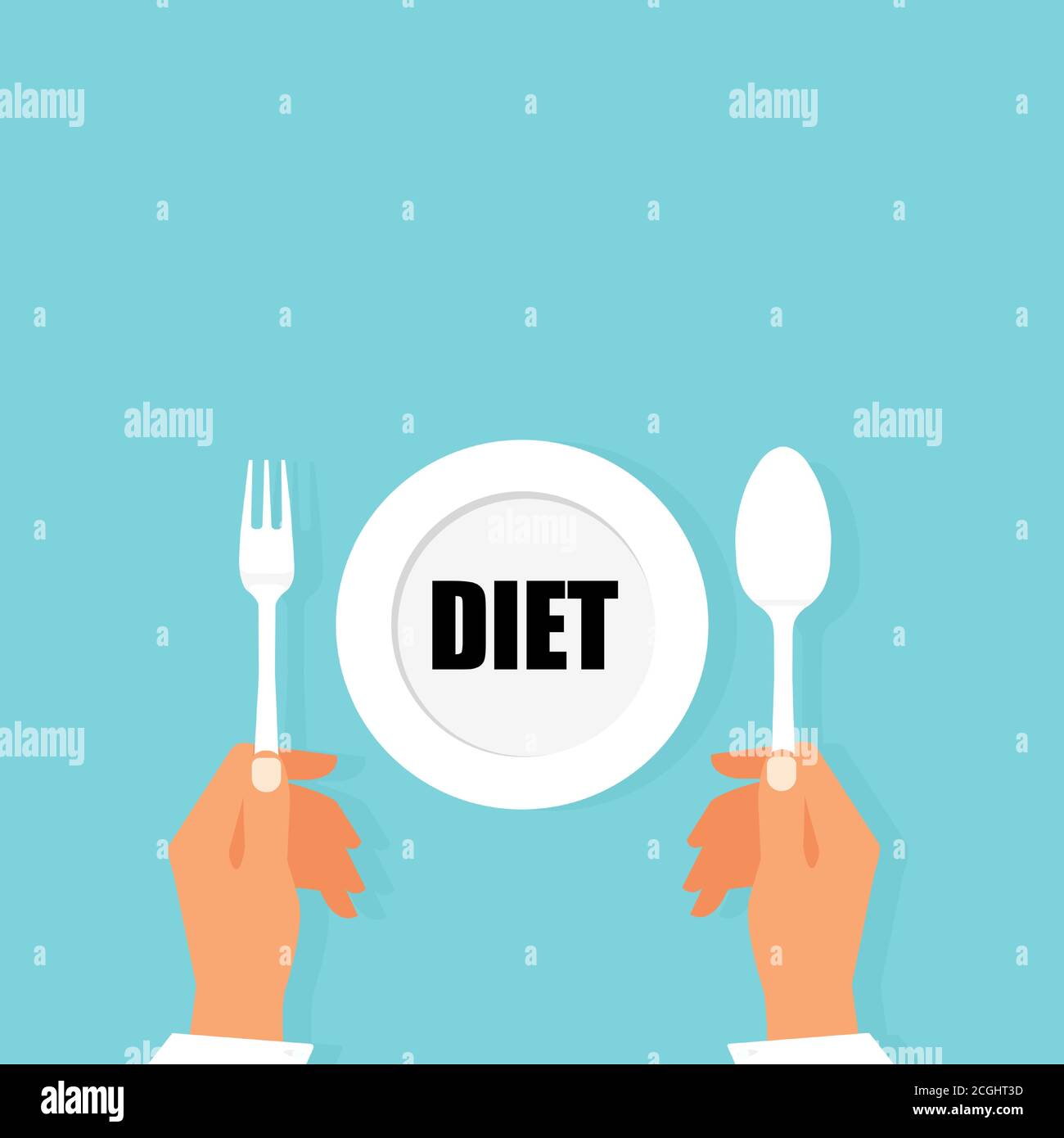 Vector top view of a woman sitting at a table in front of an plate thinking of diet choices Stock Vector