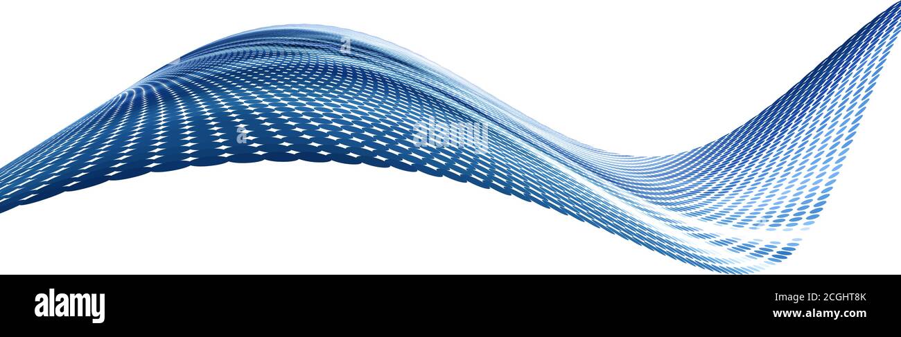 Abstract blue dotted wave with halftone effect. Tech vector graphics Stock Vector