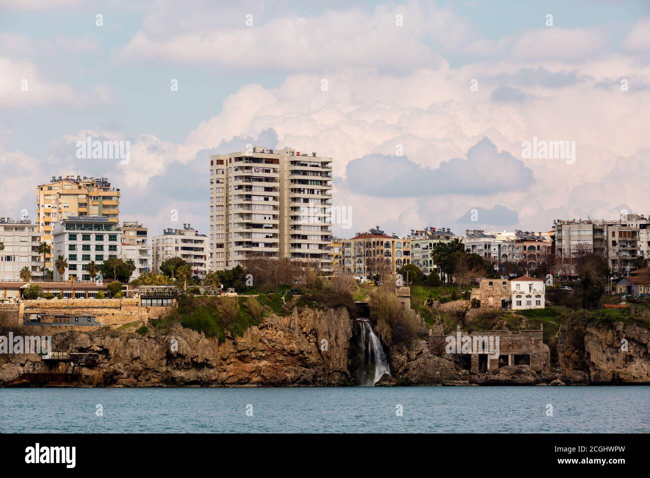 Antalya, Turkey - February 22, 2019: View of coastline with Duden waterfall in Antalya, Turkey. Stock Photo