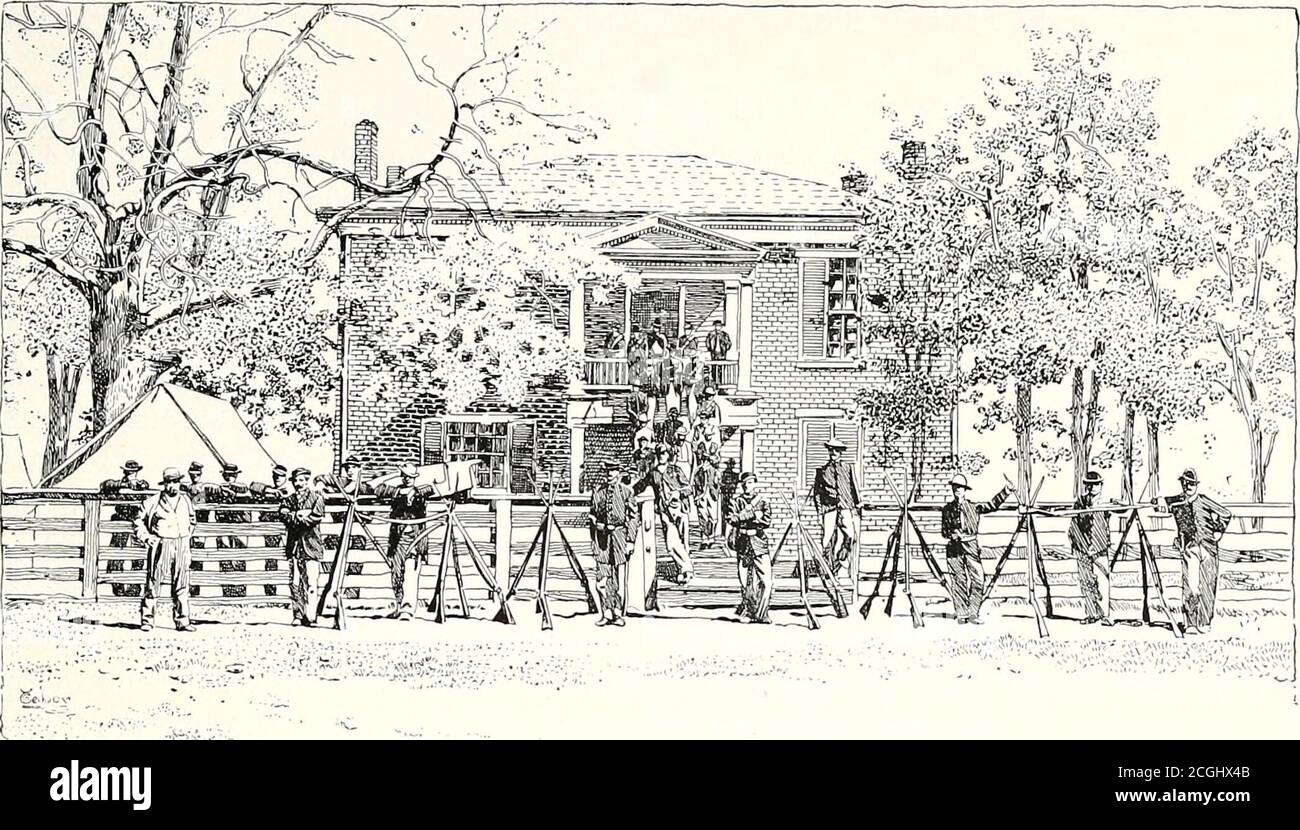 . Battles and leaders of the Civil War : being for the most part contributions by Union and Confederate officers . PRESIDENT LINCOLN LEAVING THE DAVIS MANSION. FROM A SKETCH MADE AT THE TIME.. APPOMATTOX COURT HOUSE. FROM A WAR-TIME PHOTOGRAPH THE SURRENDER AT APPOMATTOX COURT HOUSE. BY HORACE PORTER, BREVET BRIGADIER-GENERAL, U. S. A. A LITTLE before noon on the 7th of April, 1865, General Grant, with hisstaff, rode into the little village of Farmville [see map, p. 569], on thesouth side of the Appomattox River, a town that will be memorable inhistory as the place where he opened the correspo Stock Photo