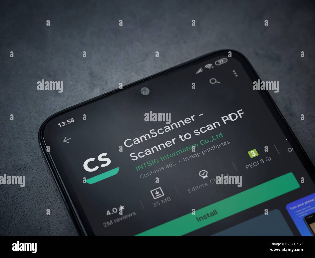 Lod, Israel - July 8, 2020: CamScanner app play store page on the display  of a black mobile smartphone on dark marble stone background. Top view flat  Stock Photo - Alamy