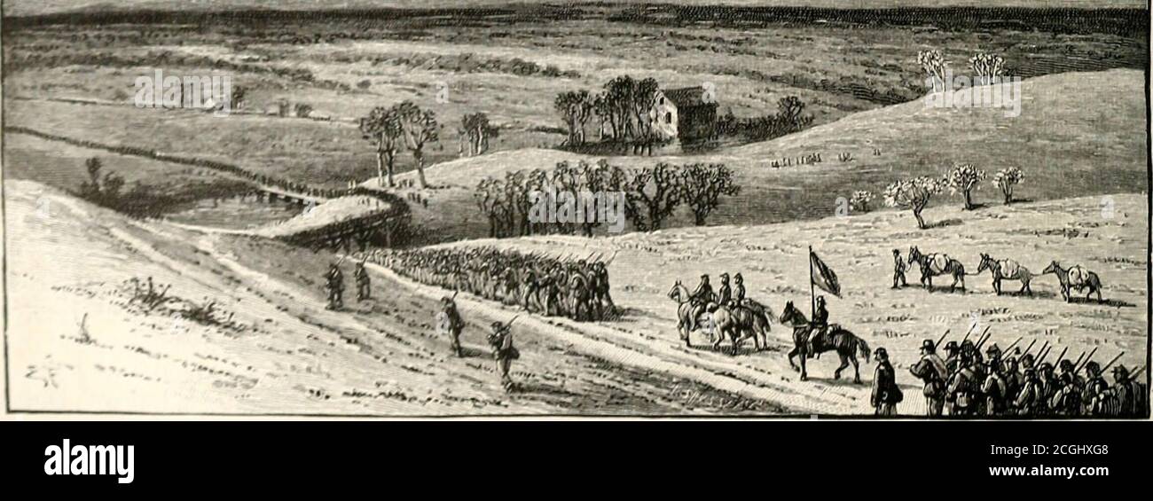 . Abraham Lincoln and the battles of the Civil War . ABANDONING THE WINTER CAMP AT FALMOUTH. (BY EDWIN FORBES, FROM HIS SKETCH MADE AT THE TIME.) The Archduke Charles had his army in astrong and commanding position, one flankresting on the Danube, the other extendingout to the vicinity of the village of Wagram.The flank in the vicinity of Wagram was theweak point of the position, which Napoleondetected at once; he, therefore, ordered thetwo corps of Bernadotte and Massena, tomake a circuitous march around Wagram,and attack the flank and rear of the Austrians. At the same time to prevent the Au Stock Photo