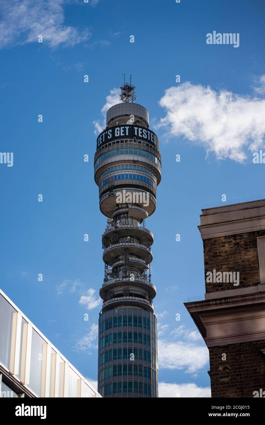 BT Tower in London displaying messages about importance of testing amidst the Coronavirus Pandemic COVID 19 Stock Photo