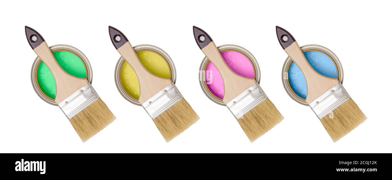 Paint brushes on cans of paint, set with different colors of paint. Isolated on a white background. Stock Photo