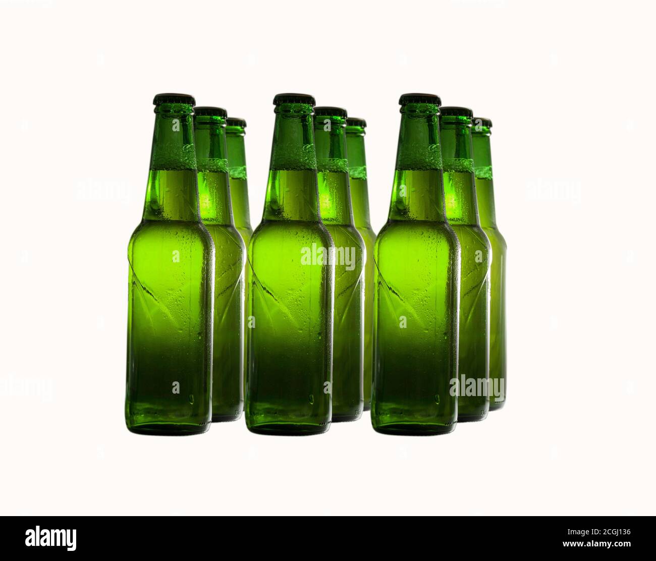 Green beer bottles in rows isolated on a white background Stock Photo