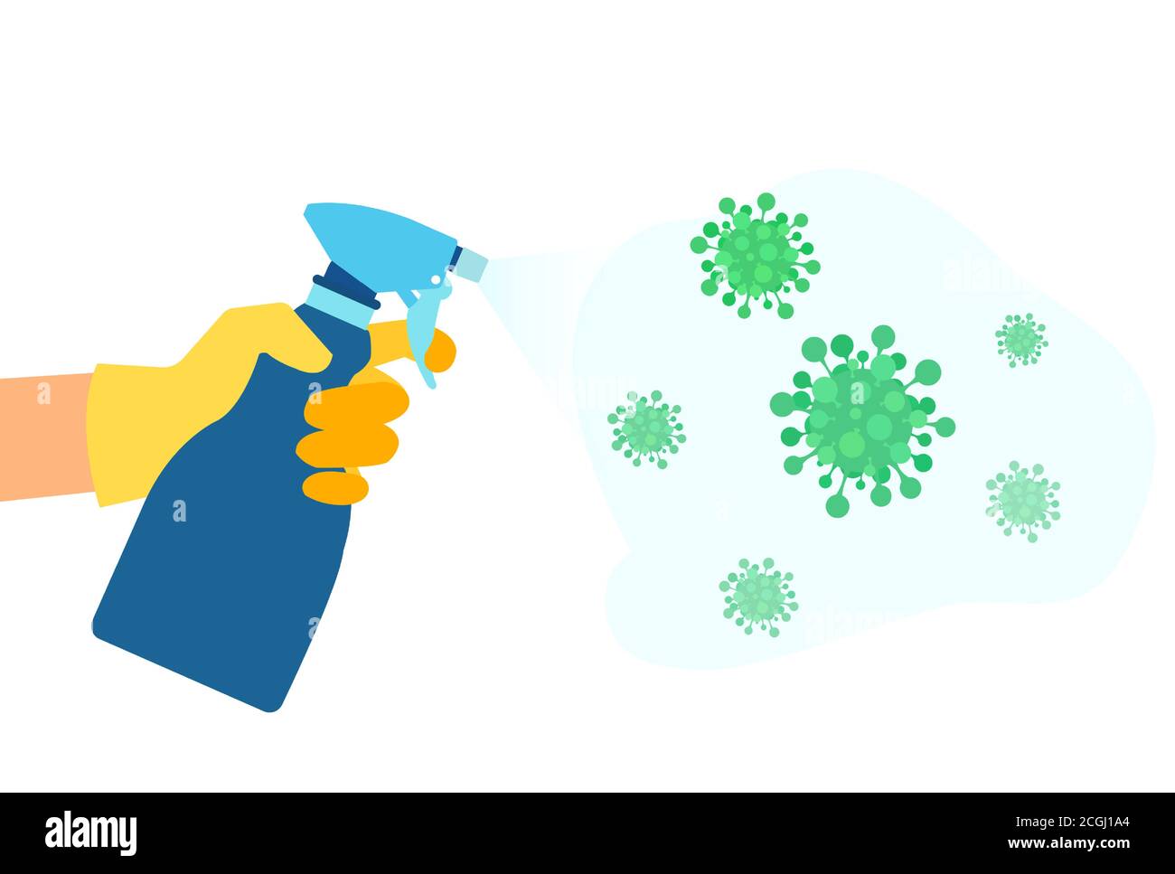 Vector of a woman hand in gloves spraying disinfectant solution to kill coronavirus Stock Vector