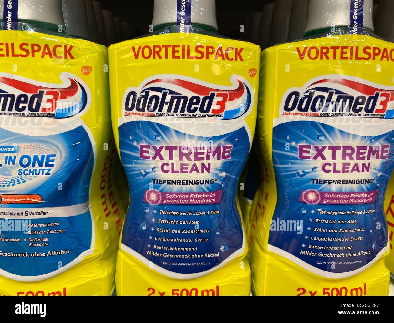 Viersen, Germany - July 9. 2020: View on isolated bottles odol med 3  mouthwash liquid in shelf of german supermarket (focus on center Stock  Photo - Alamy