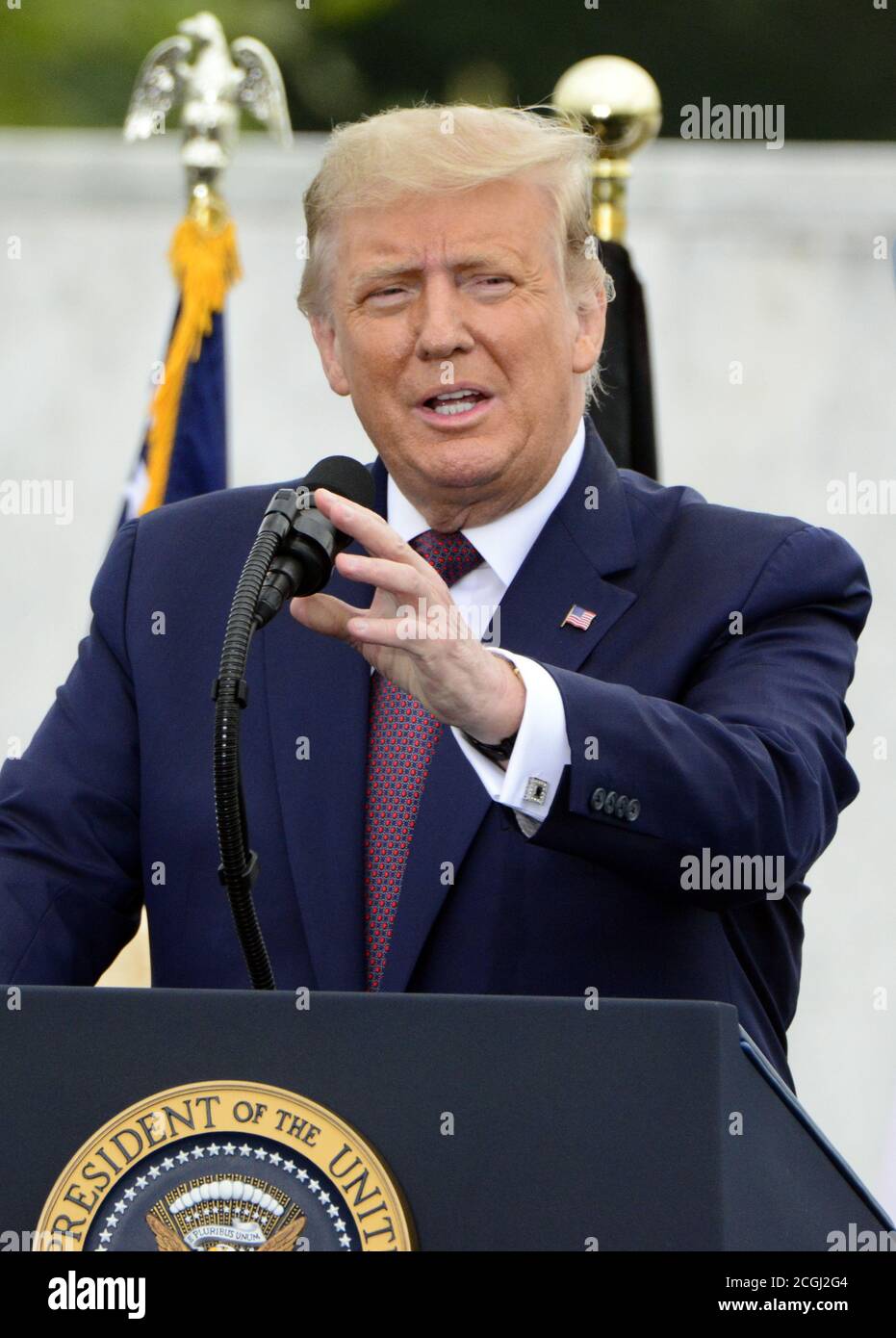 Shanksville, United States. 11th Sep, 2020. President Donald Trump delivers remarks at the Flight 93 National Memorial on the 19th observance of the 911 terrorist attack on America on Friday, September 11, 2020 near Shanksville, Pennsylvania. The memorial honors the 40 passengers and crew that lost their lives in the crash. Photo by Archie Carpenter/UPI Credit: UPI/Alamy Live News Stock Photo