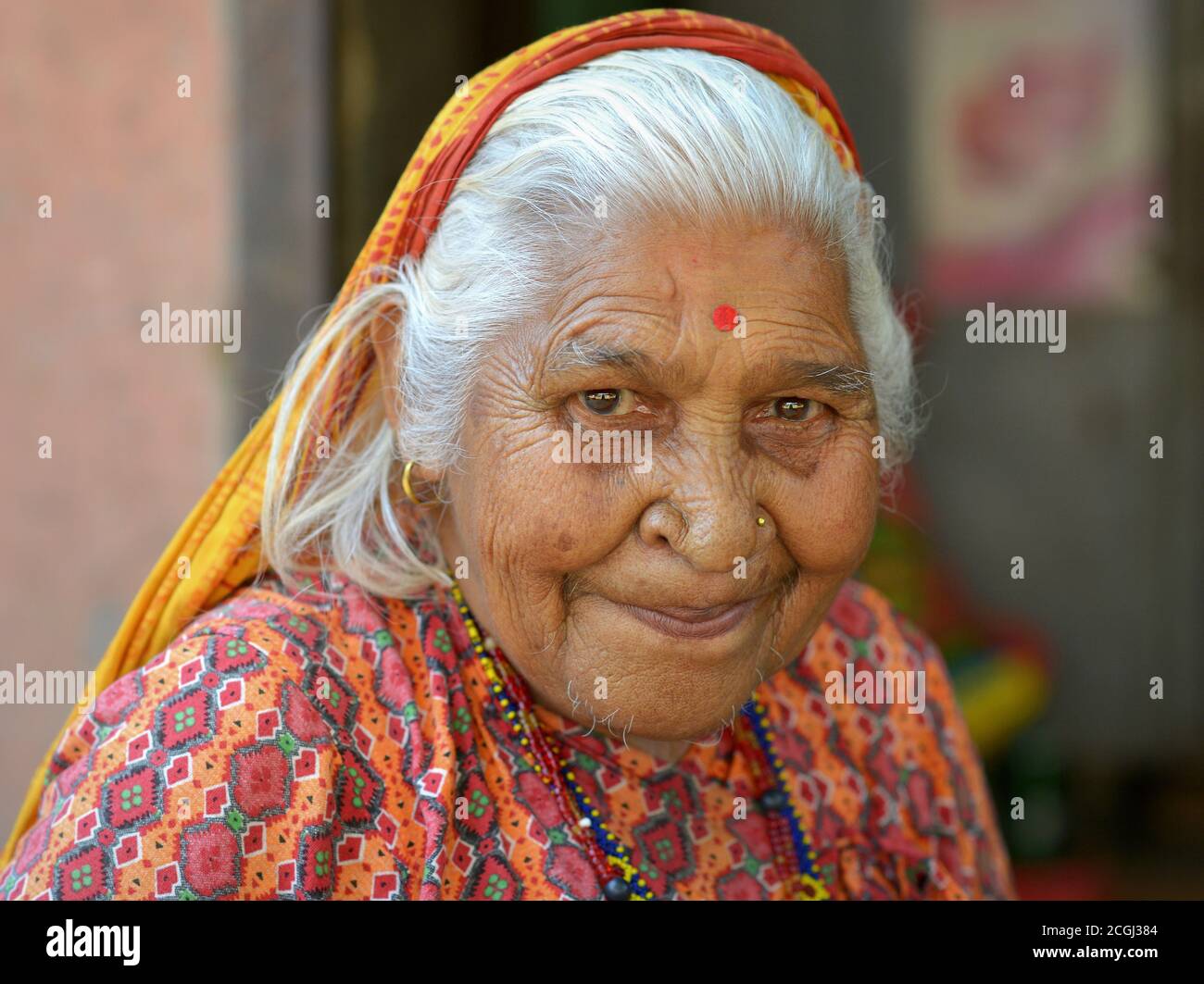 Traditionally clad elderly Nepali Chhetri woman poses for the camera. Stock Photo