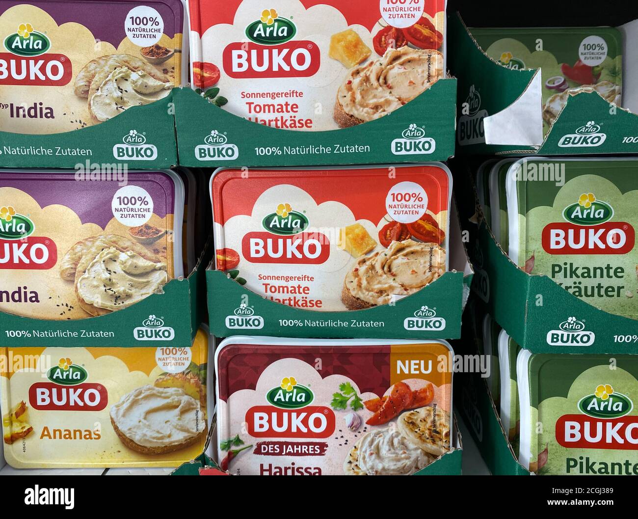Arla Germany Viersen, Germany - July 9. 2020: View on isolated packets Arla Buko ...