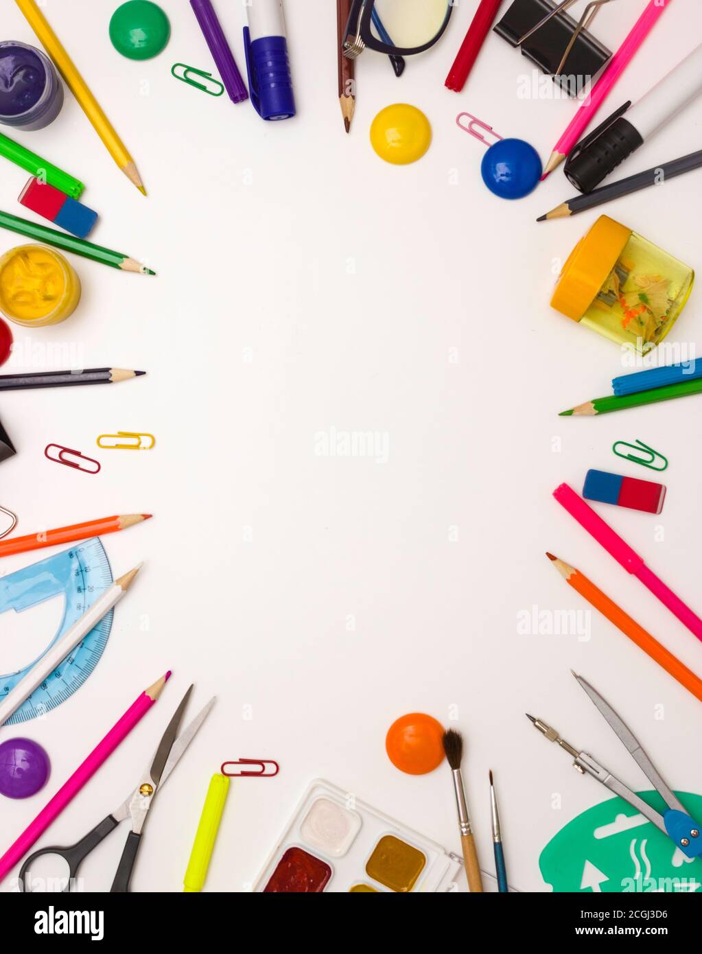 Education, office, and object concept. Stationery frame on a white