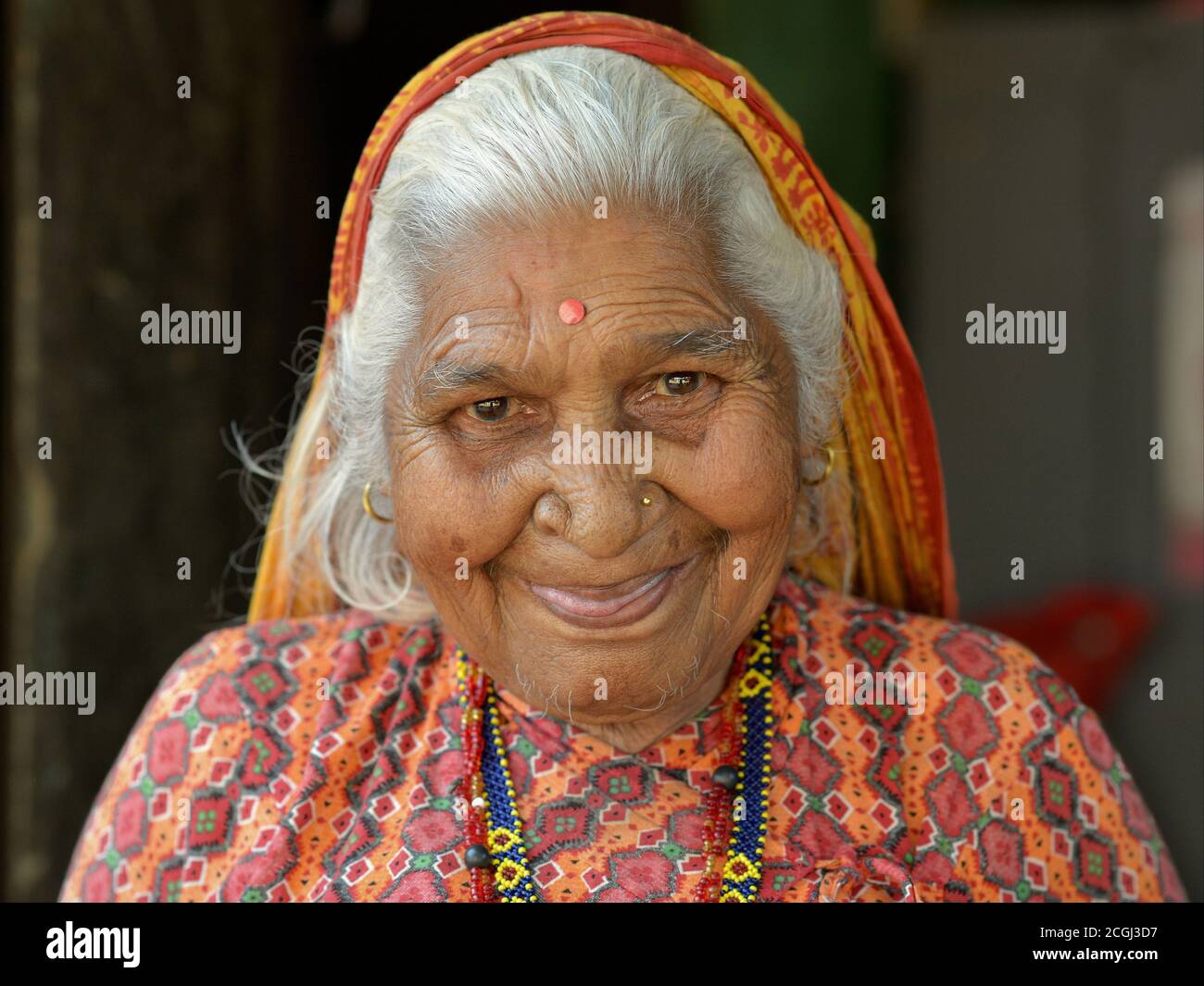 Traditionally clad elderly Nepali Chhetri woman smiles for the camera. Stock Photo