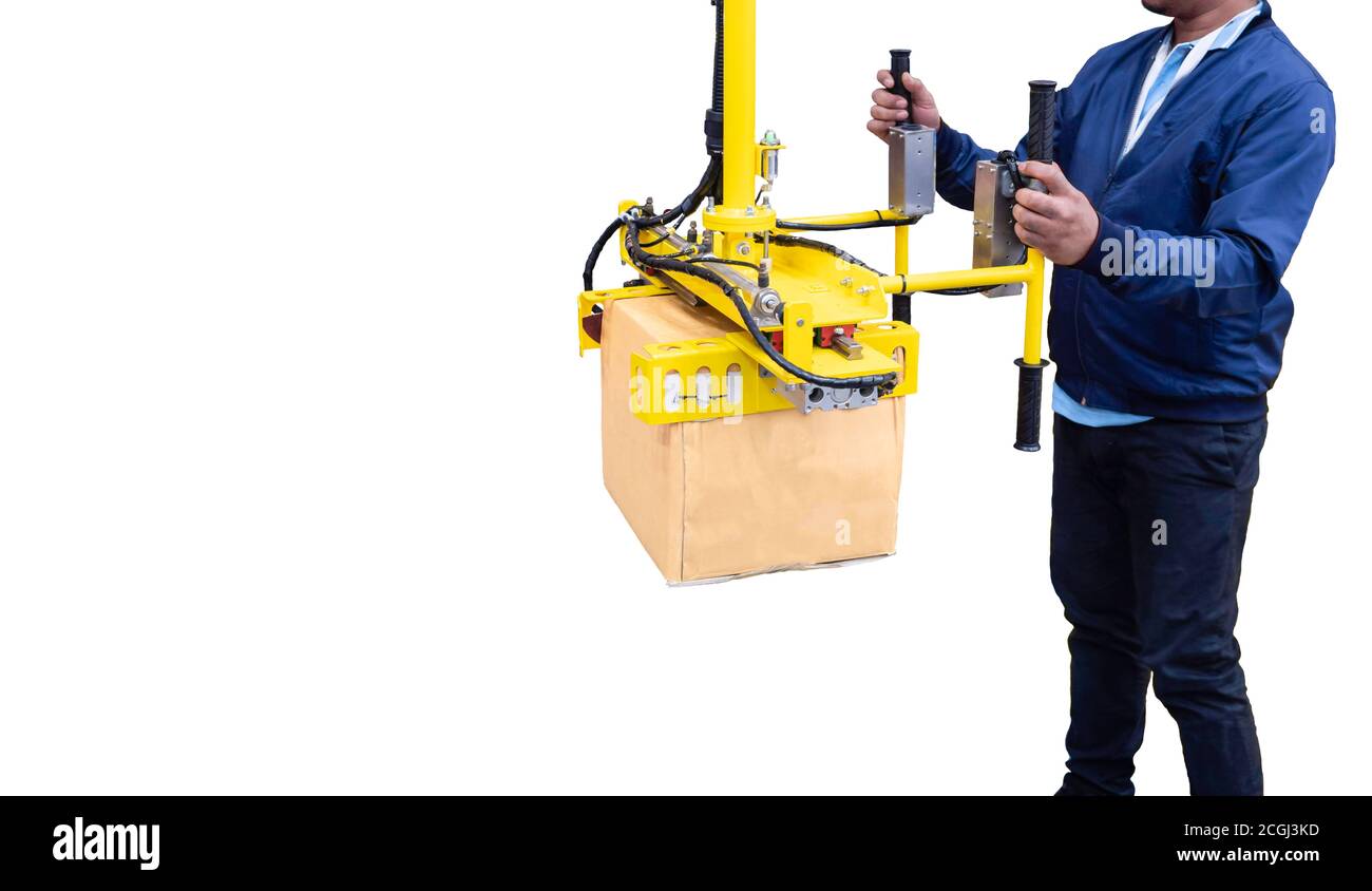 Humans are using robotic arms to show off their work. Lift a box object, industrial use. white isolate background and work path. Stock Photo