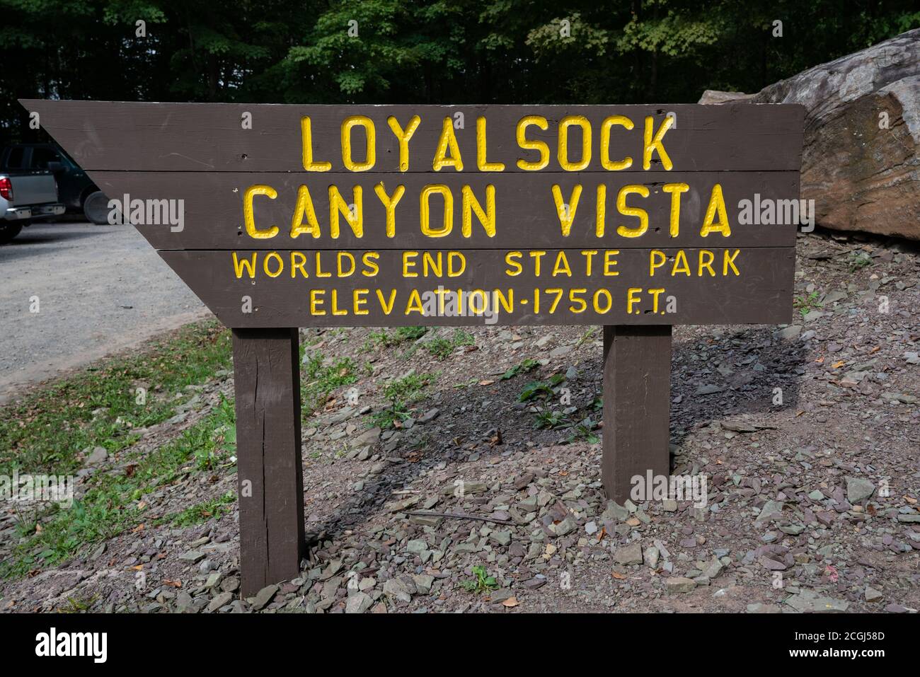 Sign for the Loyalsock Canyon Vista in Worlds End State Park in Forksville, Pennsylvania with