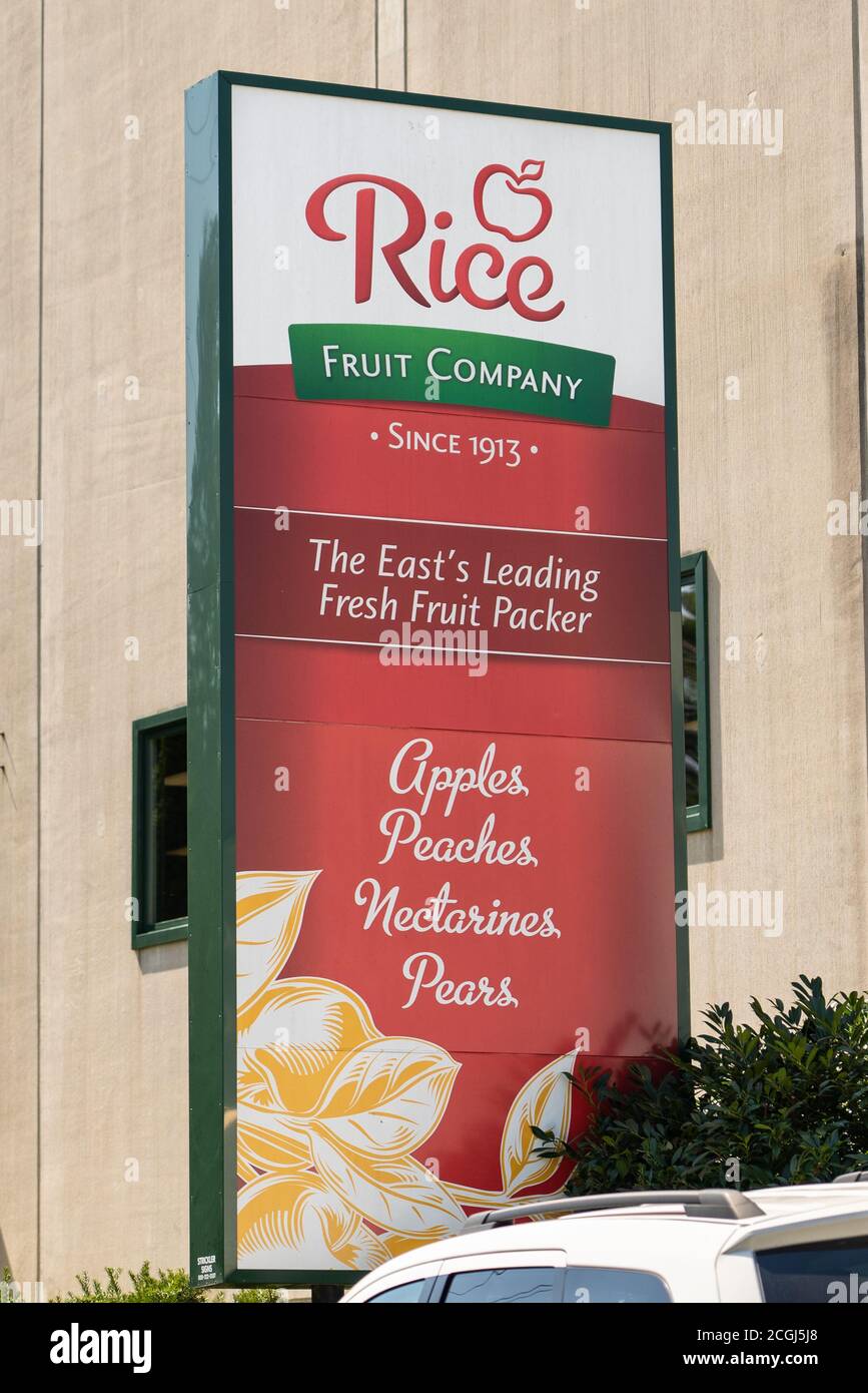 Gardners, PA - Sept. 8, 2020: Sign in front of the building for Rice Fruit Company, the largest apple-packing facility in the Eastern US. Stock Photo
