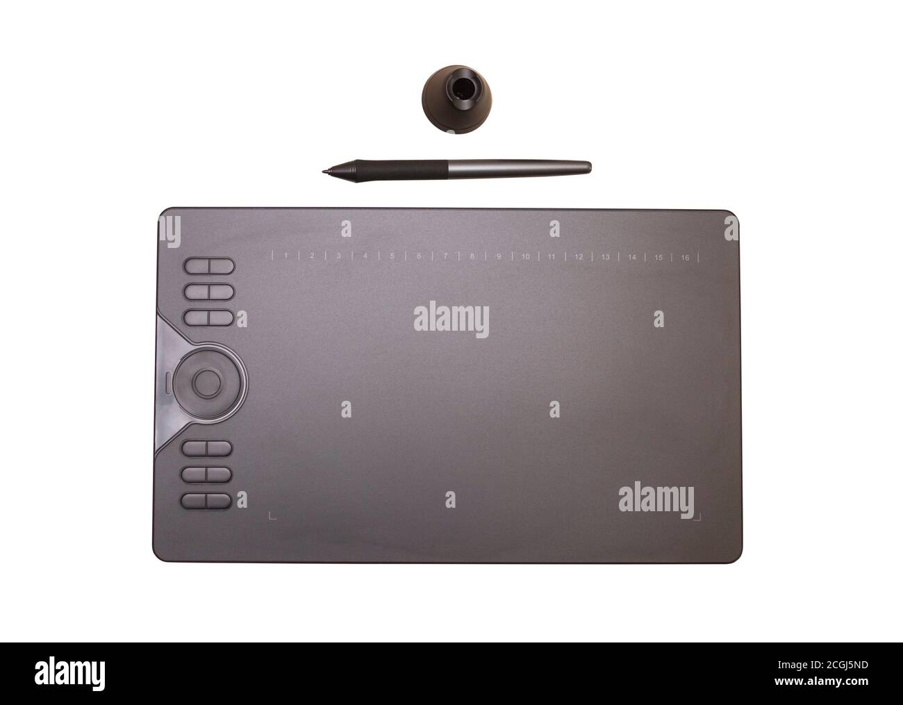Graphic tablet and stylus with stylus stand on white background