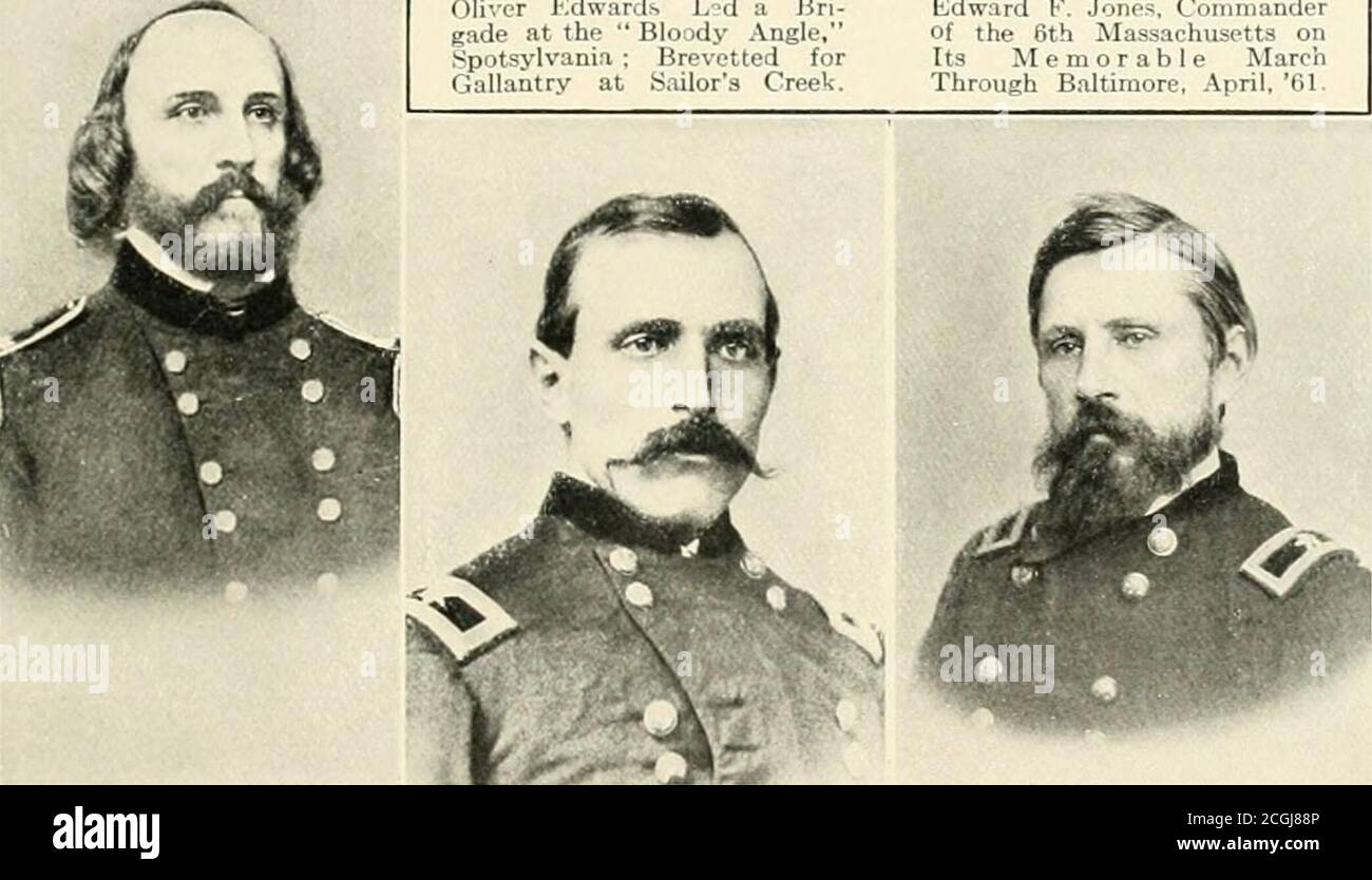 . The photographic history of the civil war.. . Stephen M. Weld, Jr., Leader of Colored Troops at the Crater Battle. William F. Bartlett Led His Brigade at the Crater and Was Captured. Oliver Edwards L?d a Bri-gade at the Bloody Angle,Spotsylvania; Brevet ted forGallantry at Sailors Creek. Edward F. Jones, Commanderof the 6th Massachusetts onIts Memorable MarchThrough Baltimore, April,61. Stock Photo