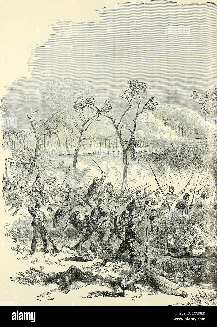 . The soldier in our Civil War : a pictorial history of the conflict, 1861-1865, illustrating the valor of the soldier as displayed on the battle-field, from sketches drawn by Forbes, Waud, Taylor, Beard, Becker, Lovie, Schell, Crane and numerous other eye-witnesses to the strife . HKNDIIAI. ASIfOTII AND STAPf AT Tllii tlATTI.K )]■ PEA UIDWel, aKB.. GAL.LANT CHARGE OF THE SEVENTEENTH, FORTY EIGHTH AND FORTY-NINTH ILLINOIS REGIME Stock Photo