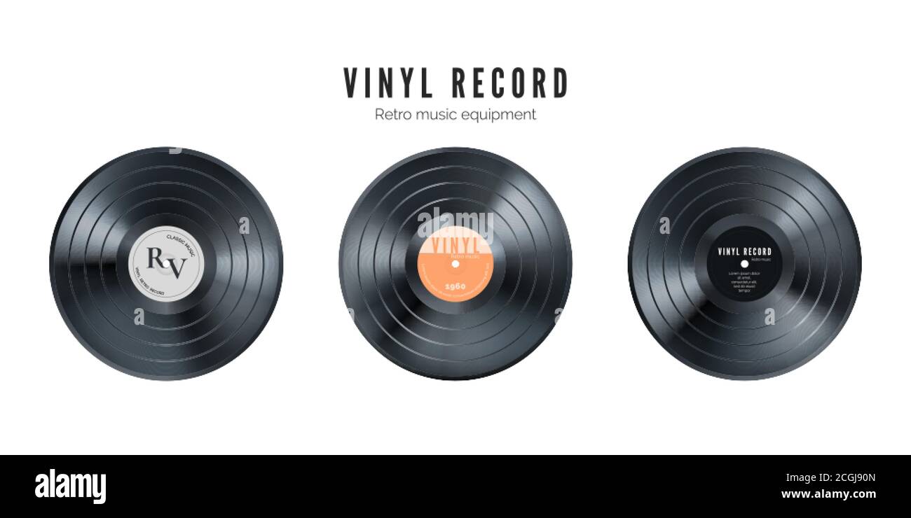 Vinyl music record set. Retro audio disk. Realistic vintage gramophone disc with cover mockup