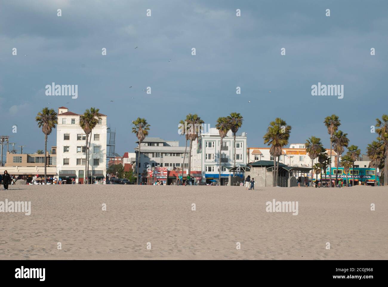 View from the beach towards shopping strip in Venice Beach, Los Angeles, California, CA, USA Stock Photo