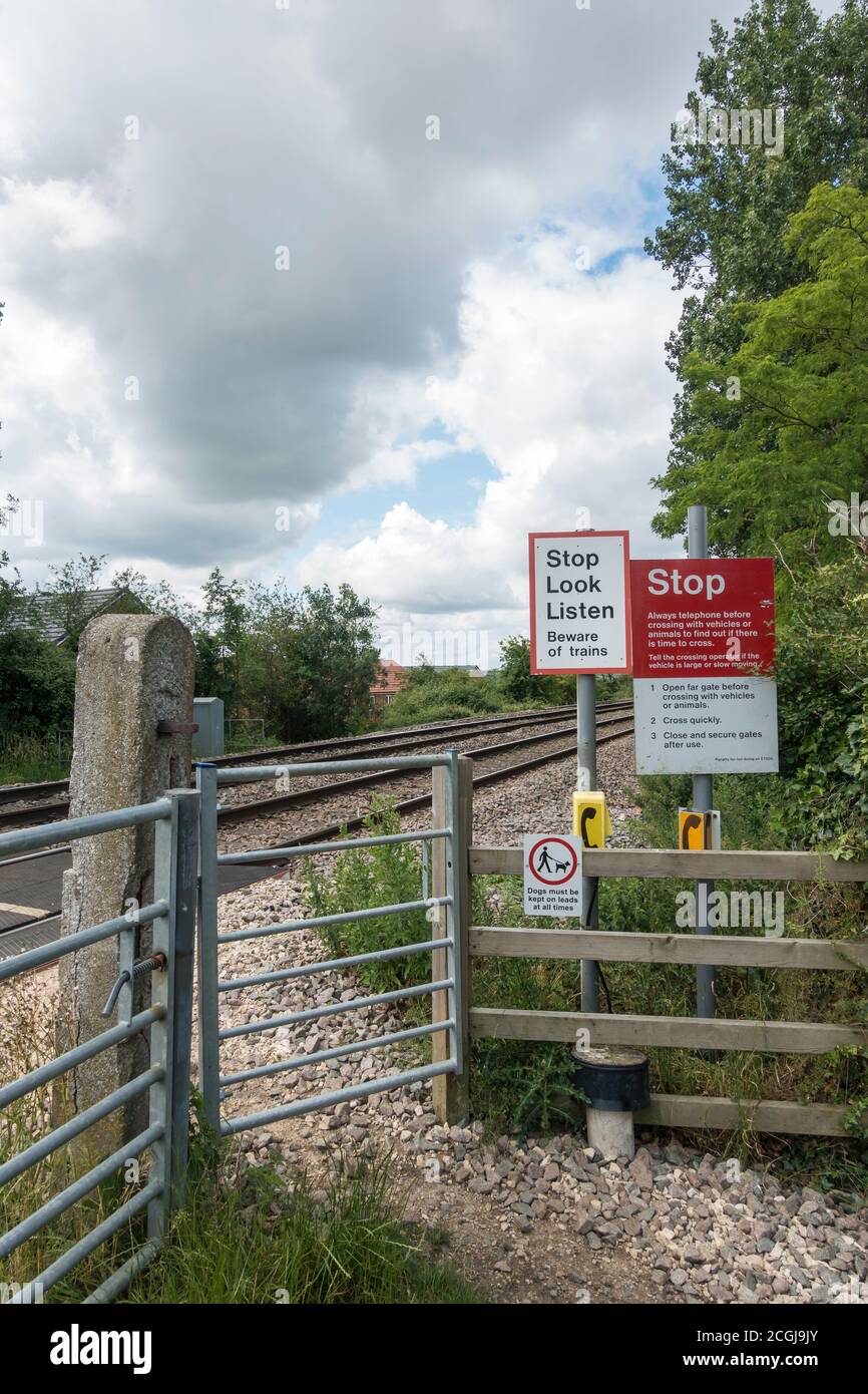 Manually operated level crossing on Lincoln to Grimsby railway line at Cherry Willingham June 2020 Stock Photo