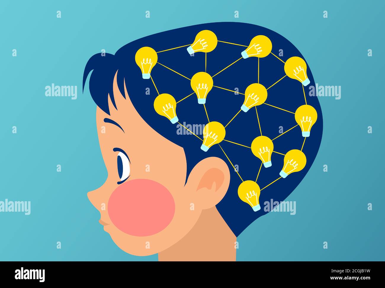 Vector of a little boy, child brain with multiple light bulb connections Stock Vector