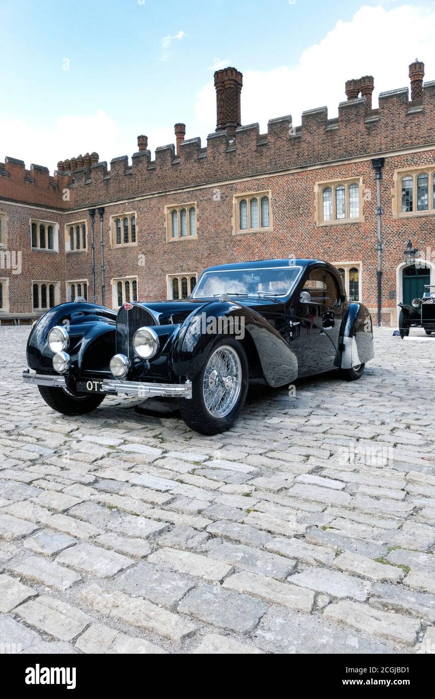 A rare 1937 Bugatti Type 57S Atalante sports car is displayed at the