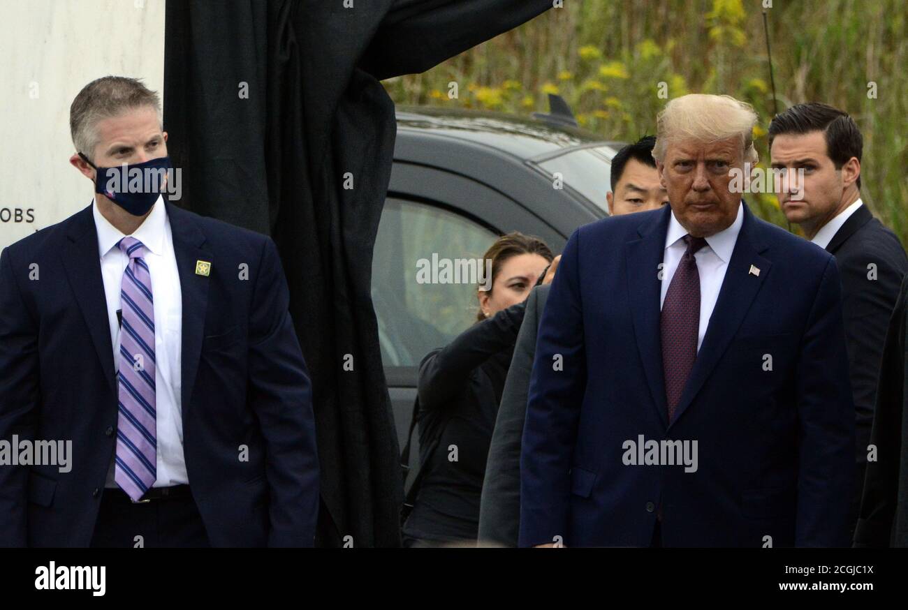 Shanksville, United States. 11th Sep, 2020. President Donald Trump arrives at the Flight 93 National Memorial for the 19th observance of the 911 terrorist attack on America on Friday, September 11, 2020 near Shanksville, Pennsylvania. The memorial honors the 40 passengers and crew that lost their lives in the crash. Photo by Archie Carpenter/UPI Credit: UPI/Alamy Live News Stock Photo