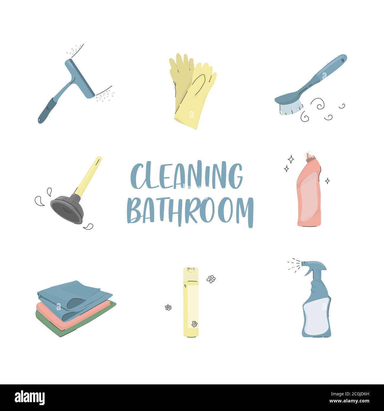 Bathroom cleaning. Set of vector color icons of cleaning tools