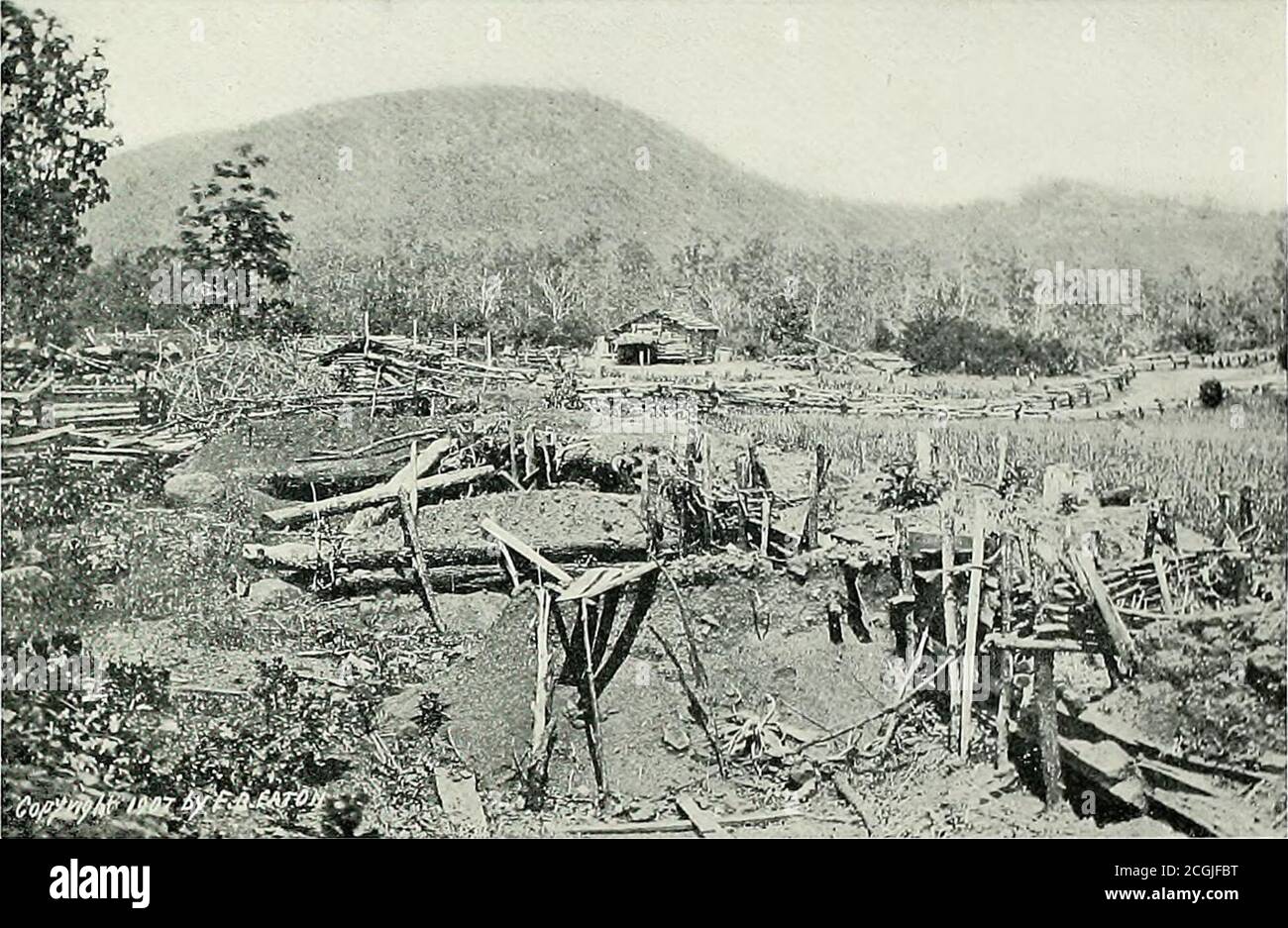 . Original photographs taken on the battlefields during the Civil War of the United States . BATTLEGROUND ON KENESAW MOUNTAIN, GEORGIA, IN JULY, 1864 WHILE Grant was moving on toward Richmond, Shermans armies of Arkansas, Cumberland,Ohio and Tennessee, with 352,000 men distributed in many garrisons over this wide expanseof territory, was moving against Atlanta, Georgia. Opposed to Sherman was Lieutenant-General Joseph E. Johnston, who commanded all the Confederate troops in the West,including the men of Braggs old army. Atlanta was of equal importance with Richmond.It was a great railroad cent Stock Photo