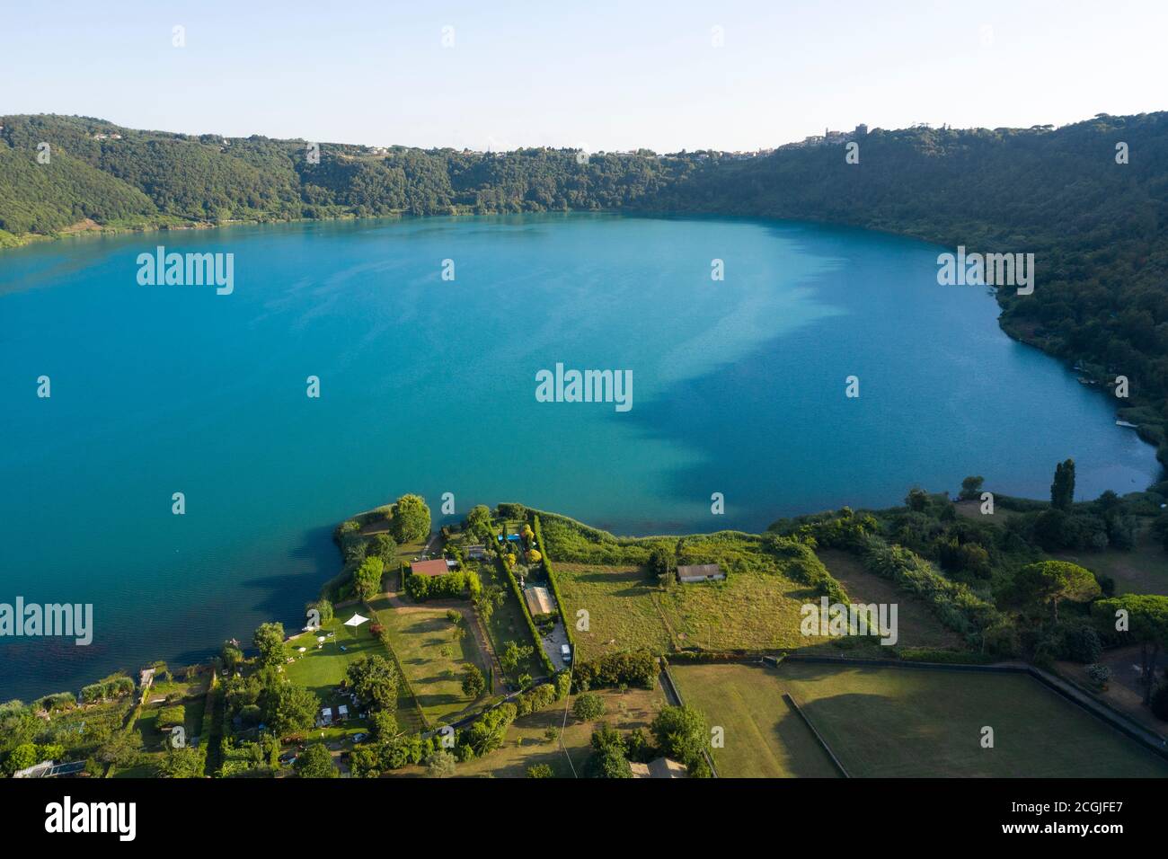 aerial view of nemi lake and in the background the town of genzano di roma Stock Photo
