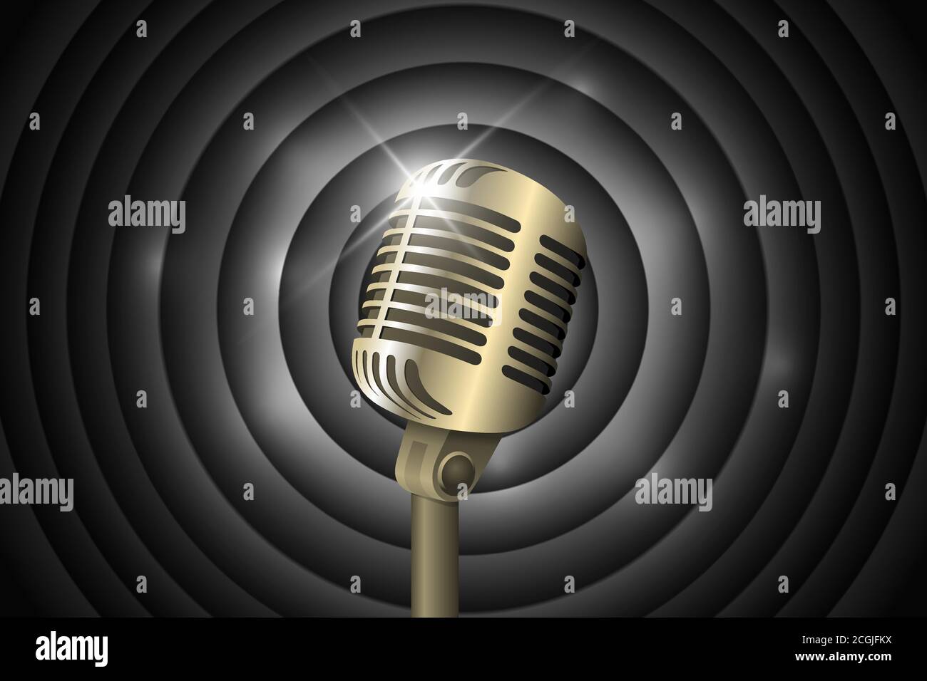 Vintage microphone on movie ending screen retro black and white circles signboard backdrop. Mic on empty theatre stage. Stand up comedian night show. Karaoke party vector eps art illustration Stock Vector