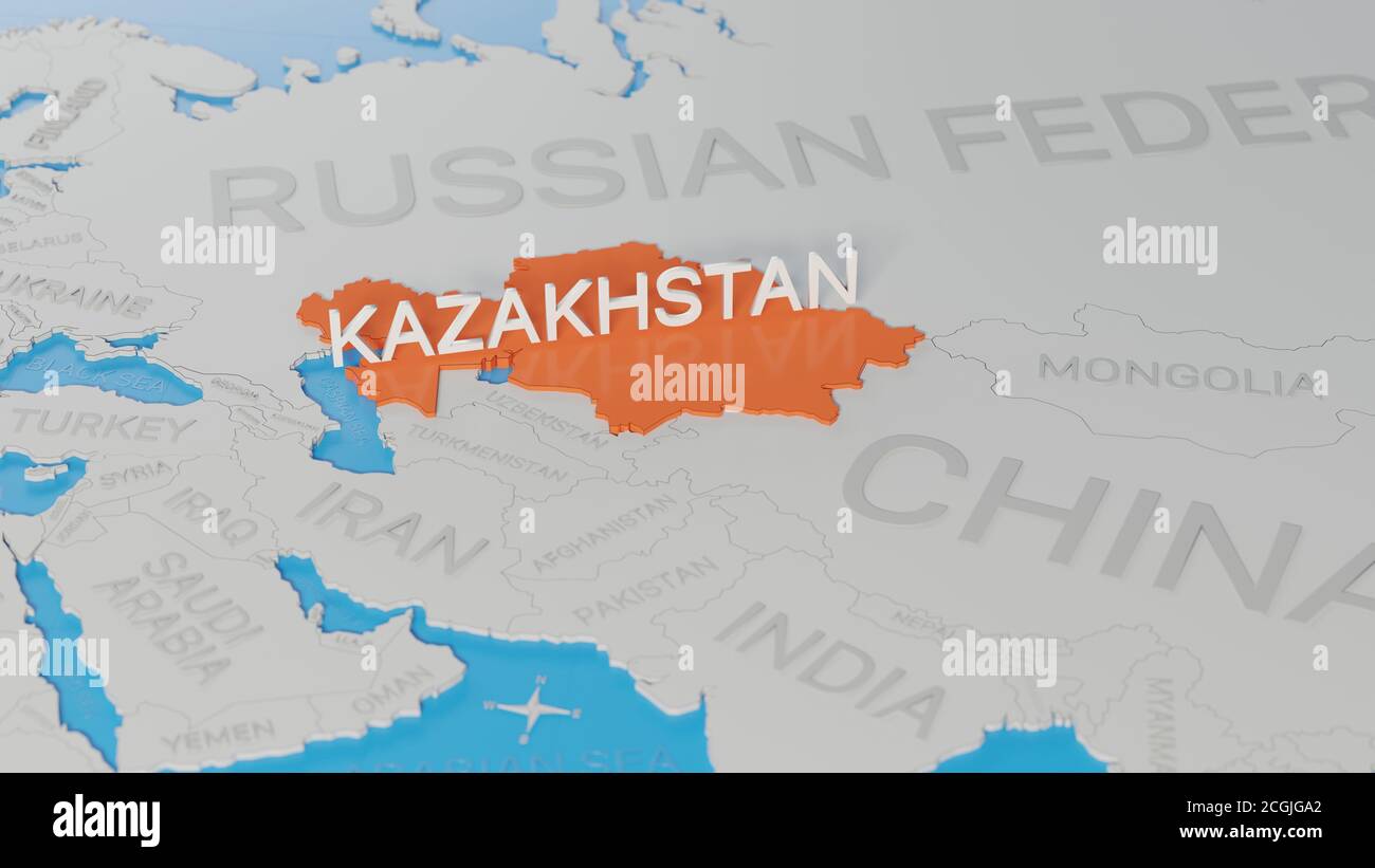 Kazakhstan Highlighted On A White Simplified 3D World Map Digital 3D Kazakhstan Highlighted On A White Simplified 3d World Map Digital 3d Render 2CGJGA2 