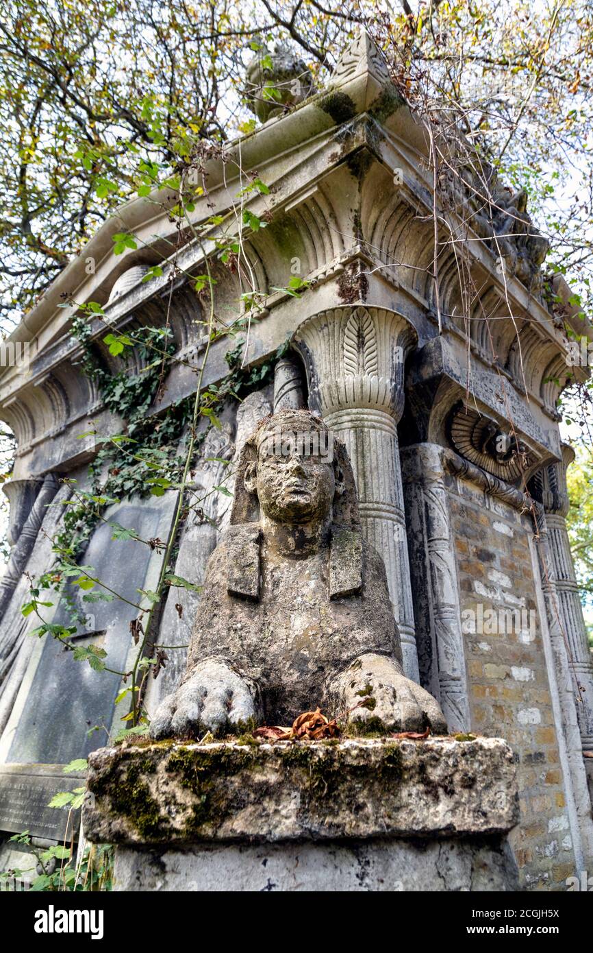 A sphinx in front of an Egyptian style mausoleum of circus owner Andrew Duncrow at Kensal Green Cemetery, London, UK Stock Photo