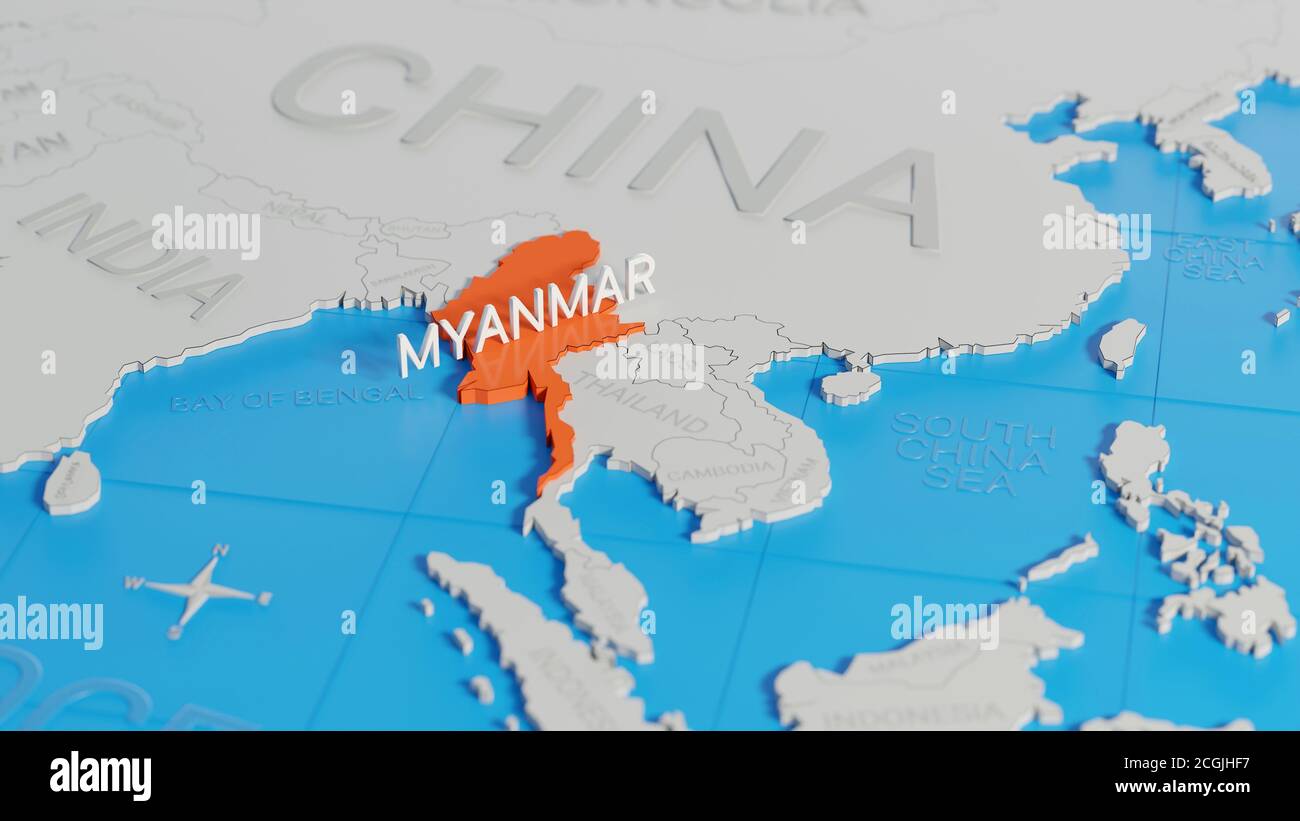 Myanmar highlighted on a white simplified 3D world map. Digital 3D render. Stock Photo