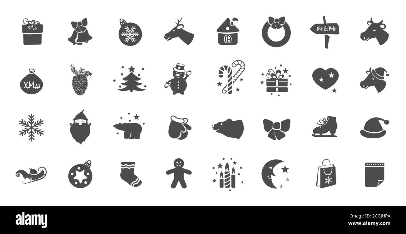 Christmas flat icons for web design and mobile app. Black icons on white background. Sweet christmas candy cane, gingerbread house, man, bull head Stock Vector