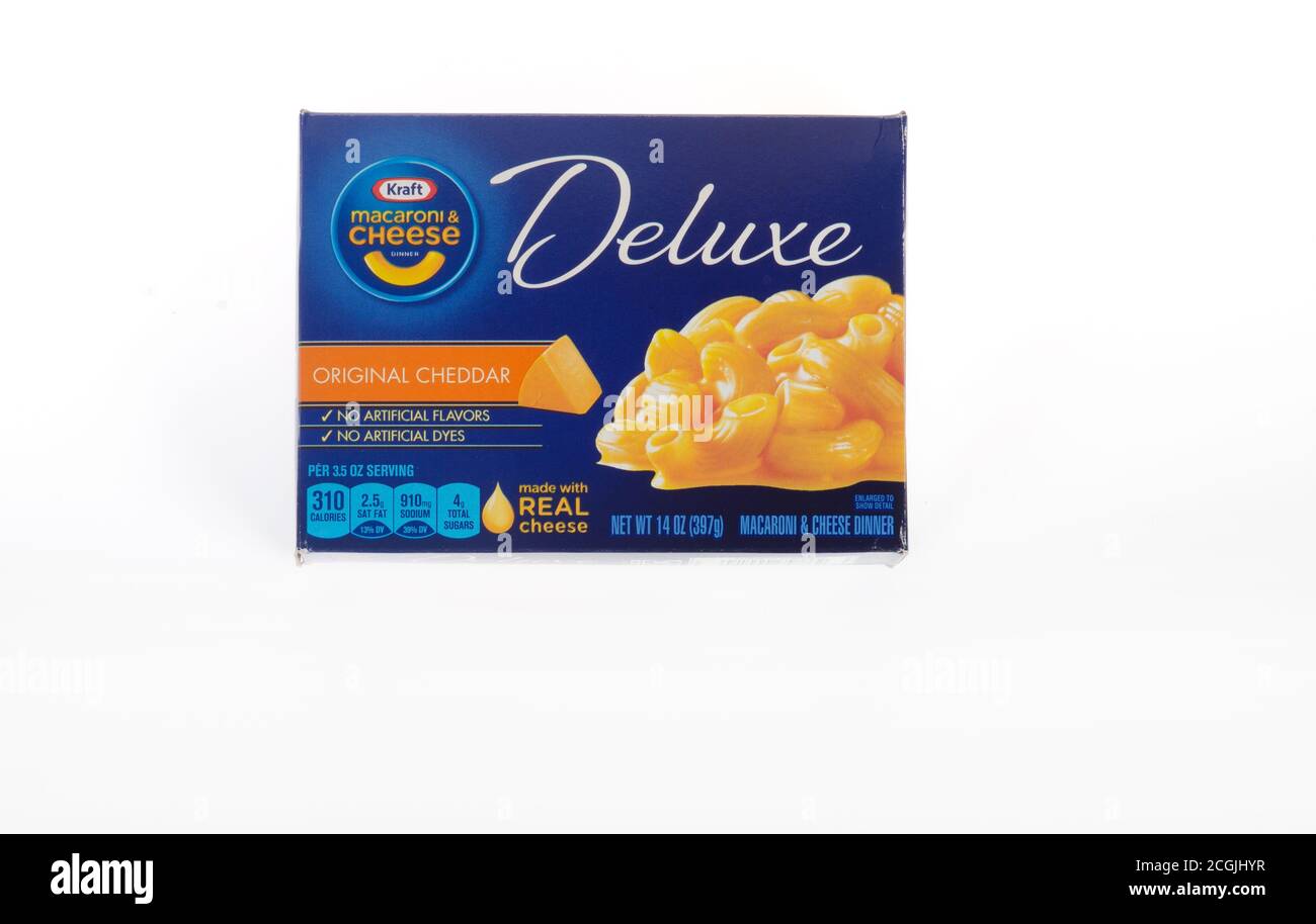 Kraft Foods Deluxe Macaroni & Cheese Original Cheddar Box Stock Photo