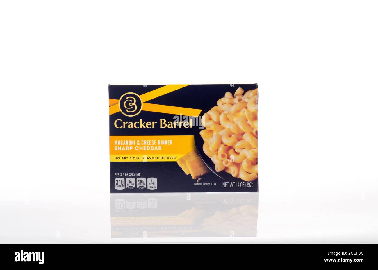 Box of Cracker Barrel Macaroni & Cheese Dinner sharp cheddar with no artificial flavors or dyes on white by Kraft Stock Photo