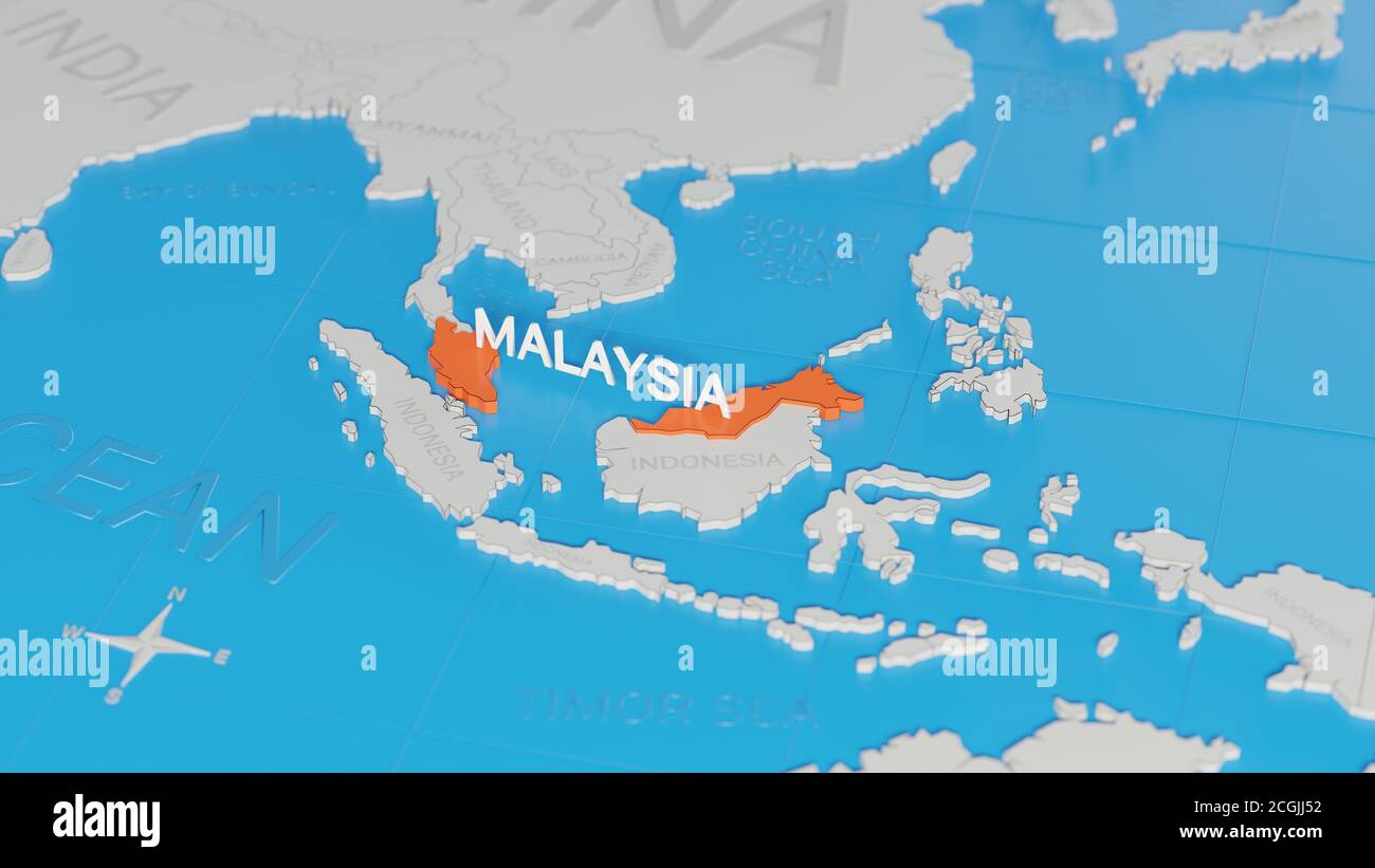 Malaysia highlighted on a white simplified 3D world map. Digital 3D