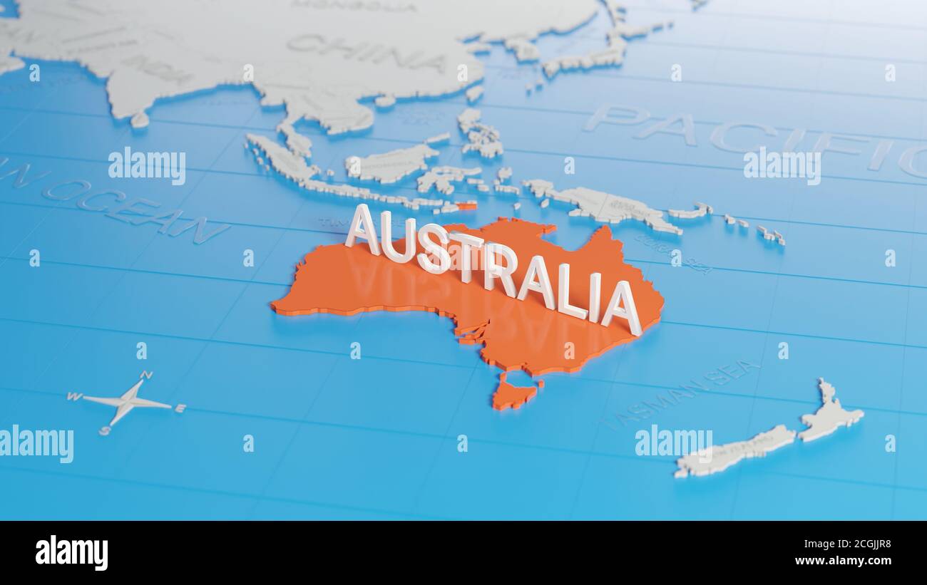 Australia highlighted on a white simplified 3D world map. Digital 3D render. Stock Photo