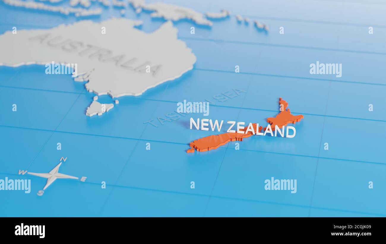 New Zealand highlighted on a white simplified 3D world map. Digital 3D render Stock Photo Alamy