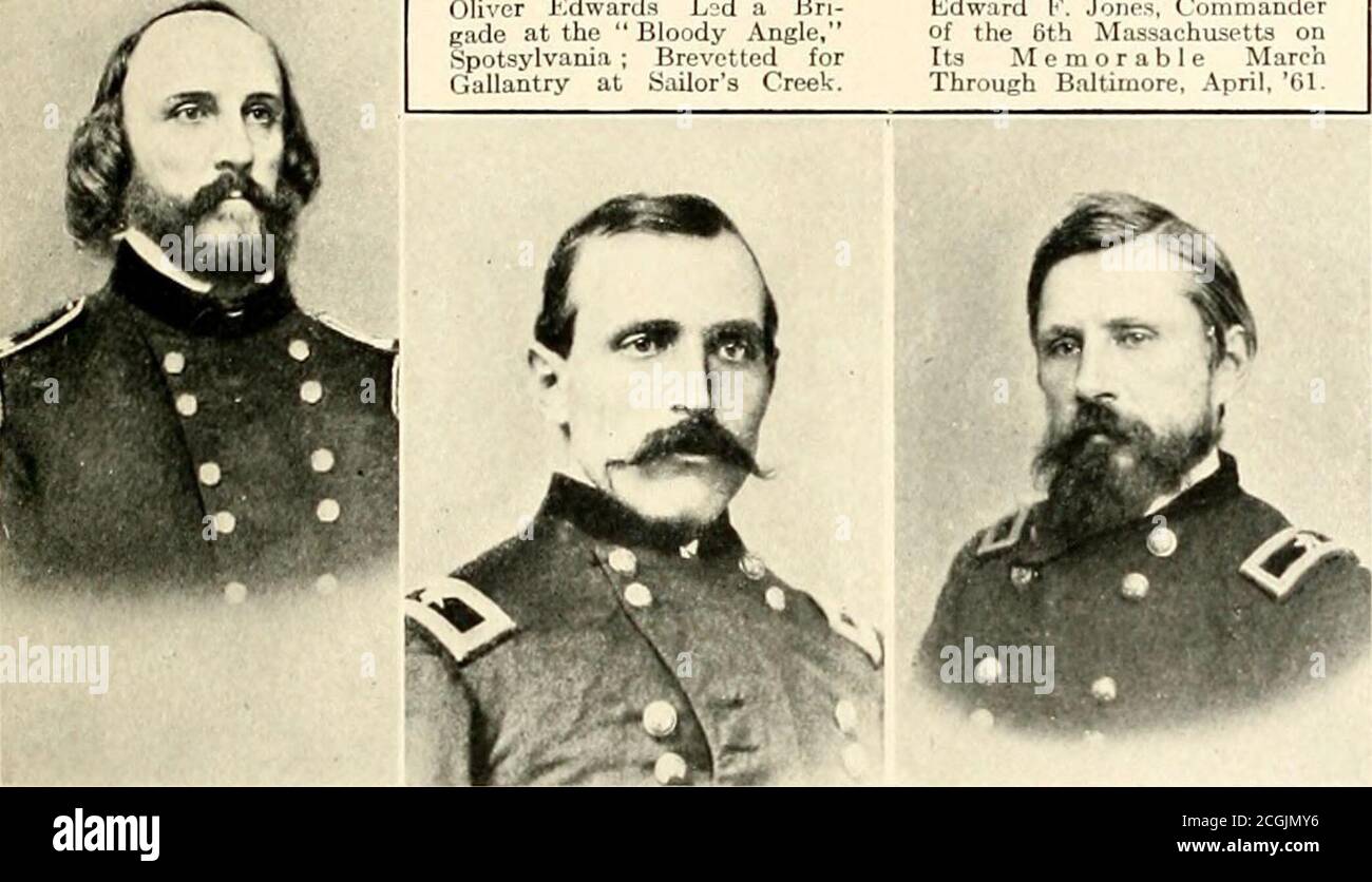 . The photographic history of the Civil War : in ten volumes . Stephen M. Weld. Jr., Leader of Colored Troops at the Crater Battle. William F. Bartlett Led His Brigade at the Crater and Was Captured. Oliver Edward.s Led a Bri-gade at the Bloody Angle,Spotsylvania ; Brevet ted forGallantry at Sailors Creek. Edward F. Jones, Commanderof the 6th Massachusetts onIts Memorable MarchThrough Baltimore, April, Til.. Stock Photo