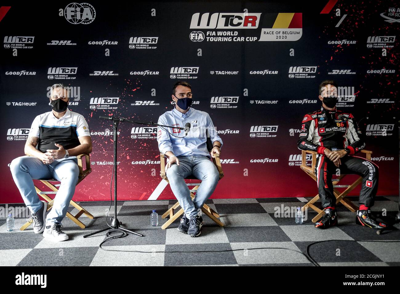 Zolder, Belgium. 11th Sep 2020. press conference Muller Yvan (fra), Cyan Performance Lynk and Co, Lynk and Co 03 TCR, portrait, Michelisz Norbert (hun), BRC Hyundai N LUKOIL Squadra Corse, Hyundai i30 N TCR, portrait, Guerrieri Esteban (arg), ALL-INKL.DE Munnich Motorsport, Honda Civic TCR, portrait during the 2020 FIA WTCR Race of Belgium, 1st round of the 2020 FIA World Touring Car Cup, on the Circuit Zolder, from September 11 to 13, 2020 in Zolder, Belgium - Photo Paulo Maria / DPPI Credit: LM/DPPI/Paulo Maria/Alamy Live News Stock Photo